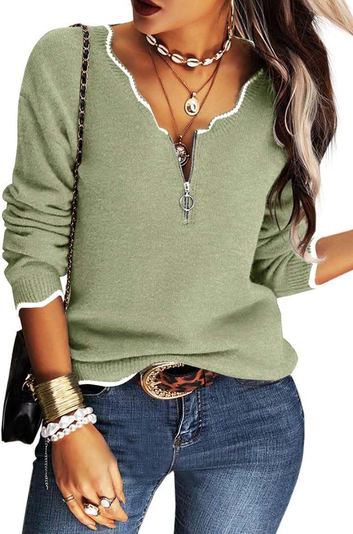 Hongqizo Women's V Neck Long Sleeve Sweater Half Zipper Knit Sweater Casual Cric...