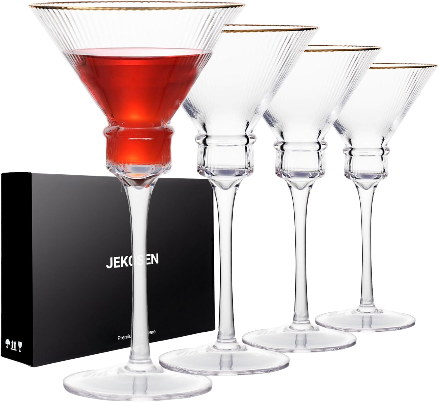 JEKOSEN NEW Crystal Martini Cocktail Glasses 10 Ounce Set of 4 With Gold Rim Pre...