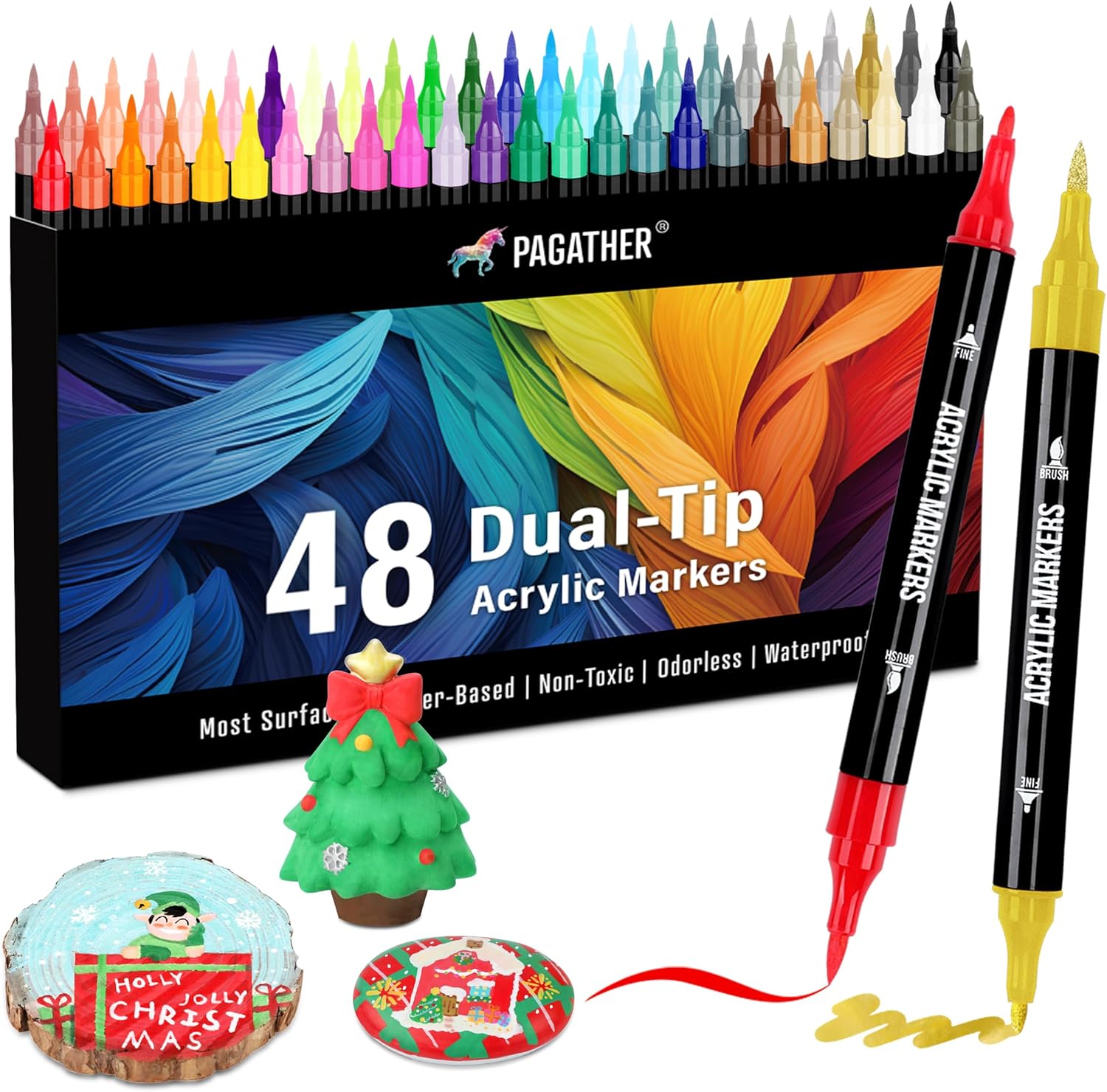 48 Colors Acrylic Paint Markers, Dual Tip with Fine Tip and Brush Tip Pens for S...