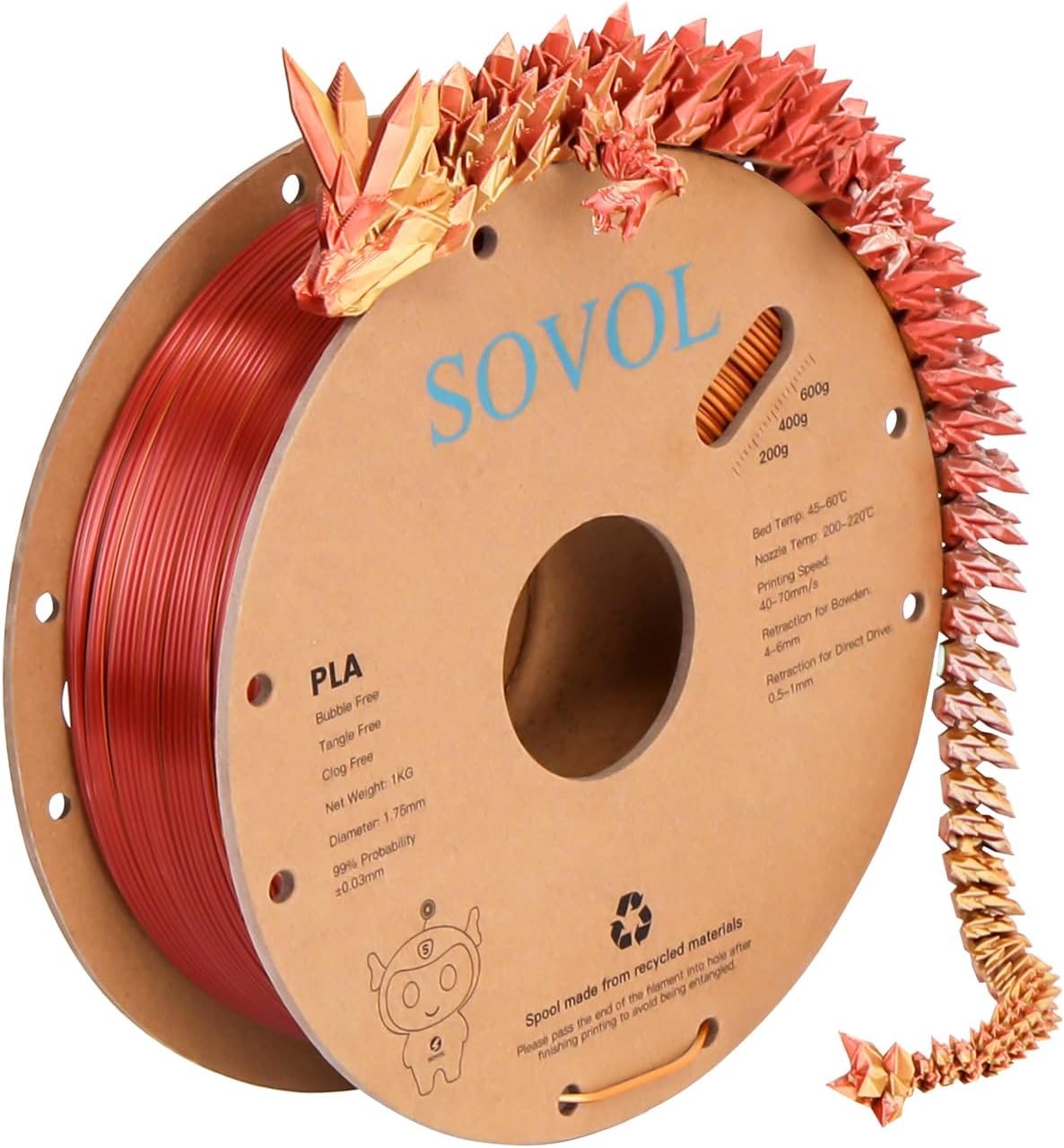 Sovol PLA Filament Silk Tri Color Co-Extrusion 1.75mm, 3D Printer Filament 1kg/...