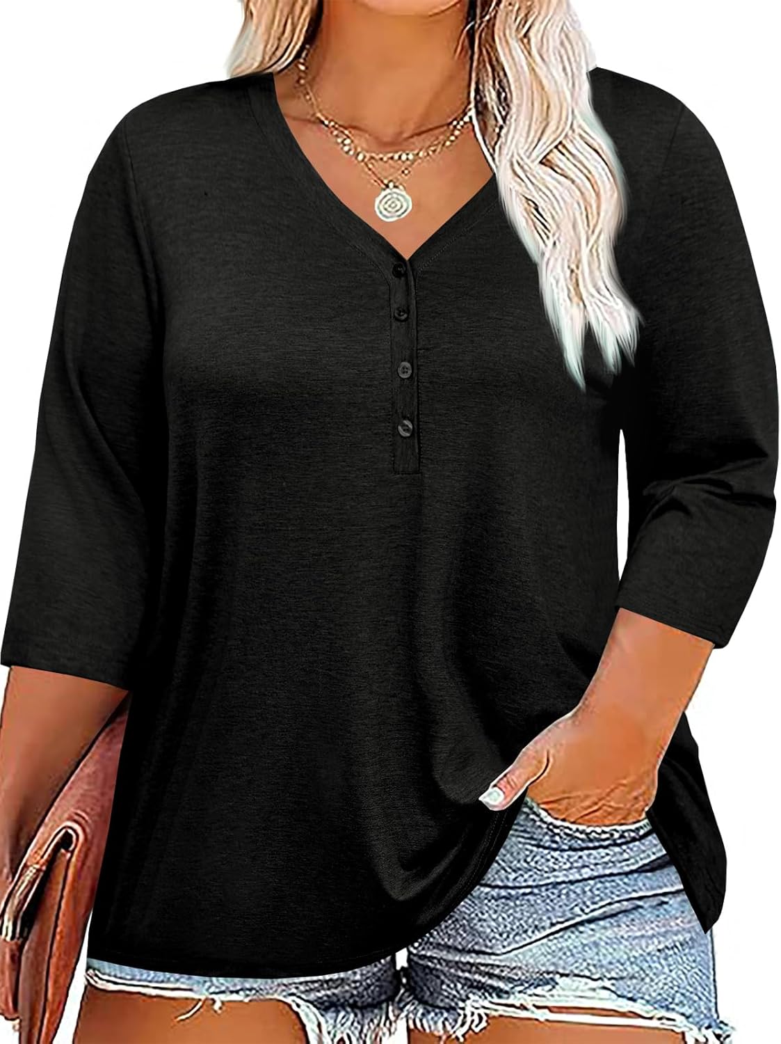 Tankaneo Women Plus Size Tops V Neck 3/4 Sleeve Casual T Shirts Loose Basic Tuni...
