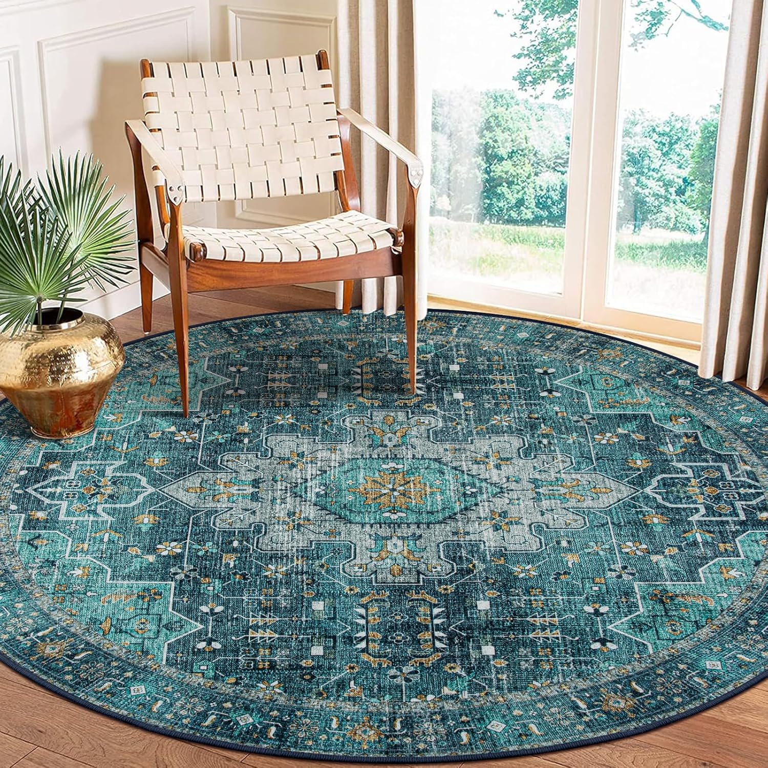 Moynesa Ultra-Thin Washable Round Rug - 6ft Teal Large Living Room Circle Area R...