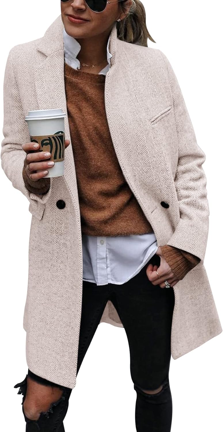 Ebifin Women's Notch Lapel Double Breasted Trench Coat Peacoat Winter Casual Lon...