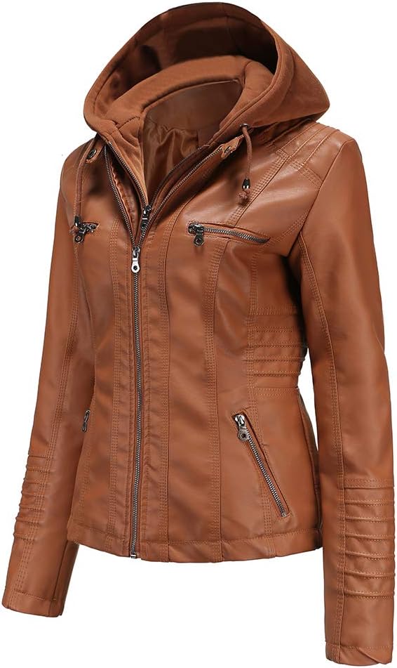 Tagoo Faux Leather Jacket Women Motorcycle Coat for Biker with Removable Hood Pl...
