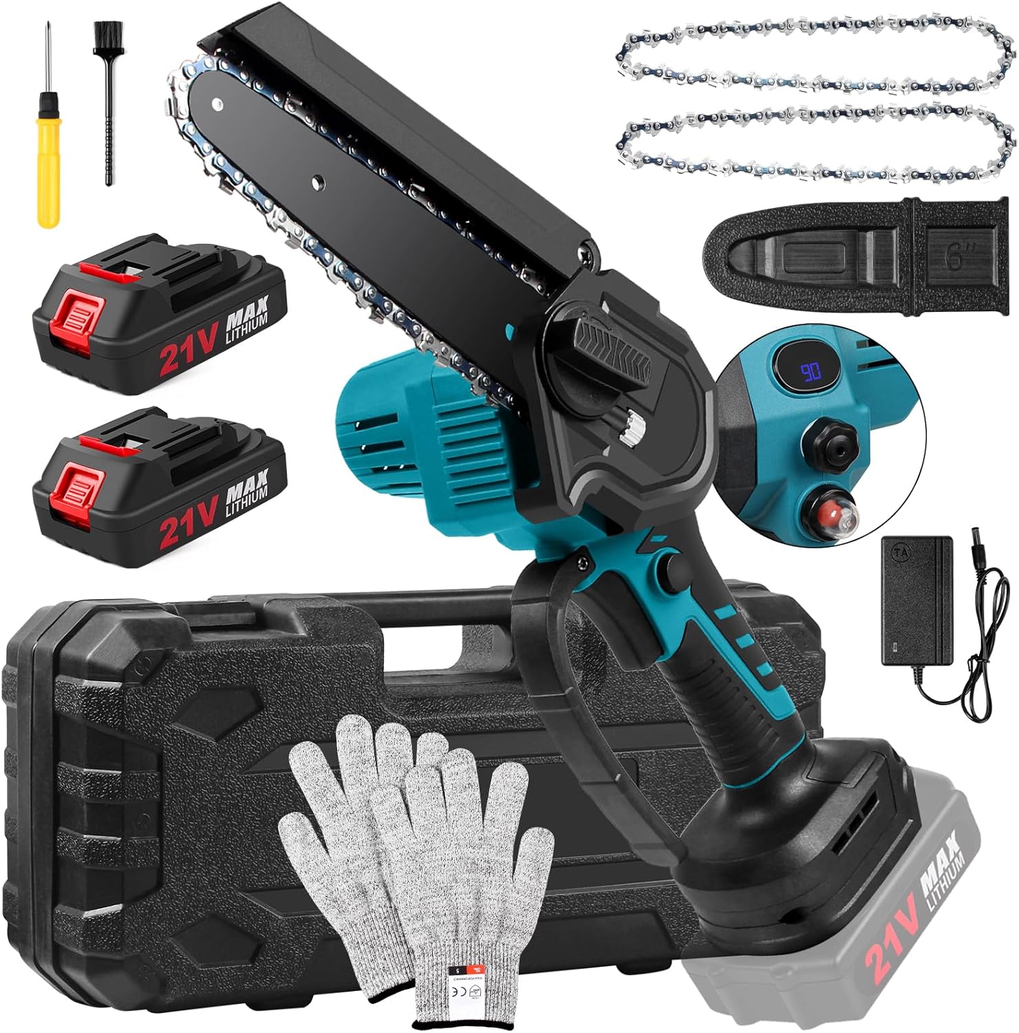 OneLeaf Mini Cordless Electric Chainsaw with 2 Batteries & 3 Chains, 6 Inch Smal...