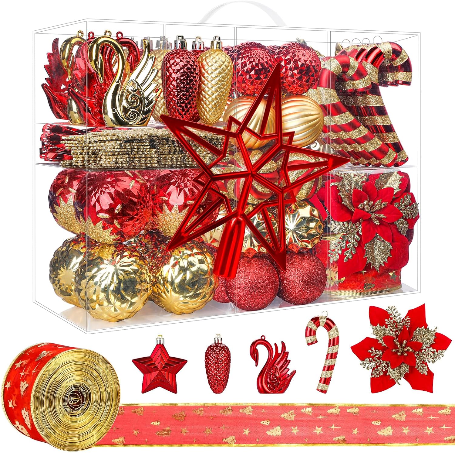 128pcs Christmas Balls Ornaments Set, Shatterproof Plastic Baubles Christmas Flo...