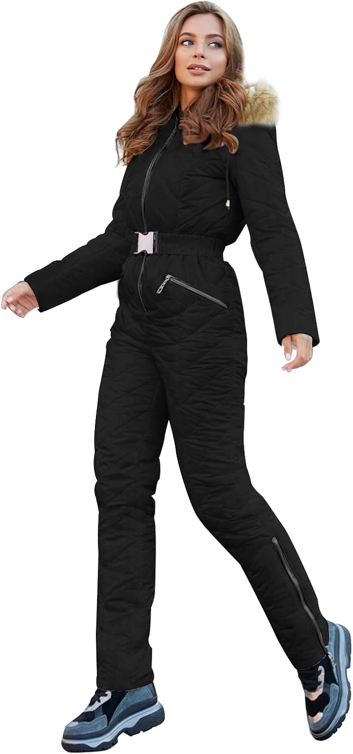 Yousify Womens Winter Ski Suit One Piece Hooded Fur Collar Ski Jumpsuit Snowsuit...