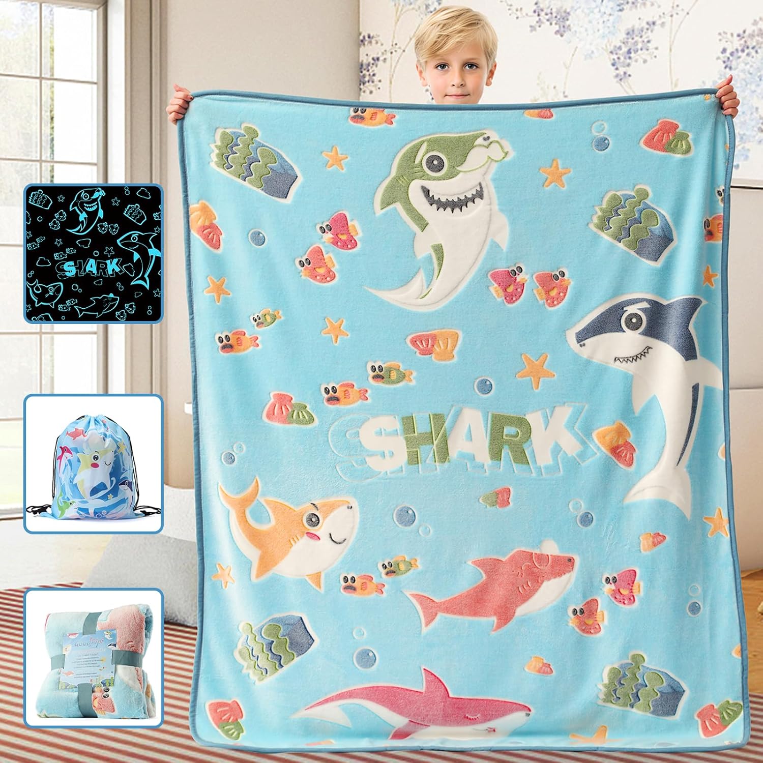 Glow in The Dark Shark Blanket,Gifts for Boys Girls 1 2 3 4 5 6 7 8 9 Year Old,...