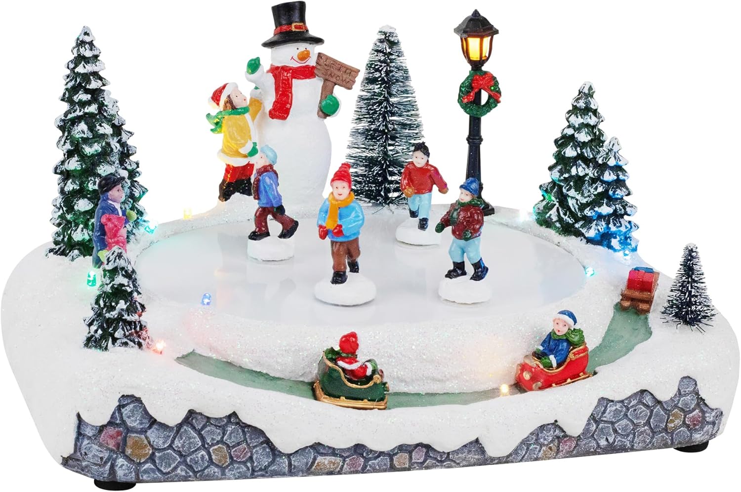 Animated Christmas Village Skating Pond - Lighted Musical Snow Scene with 4 Movi...