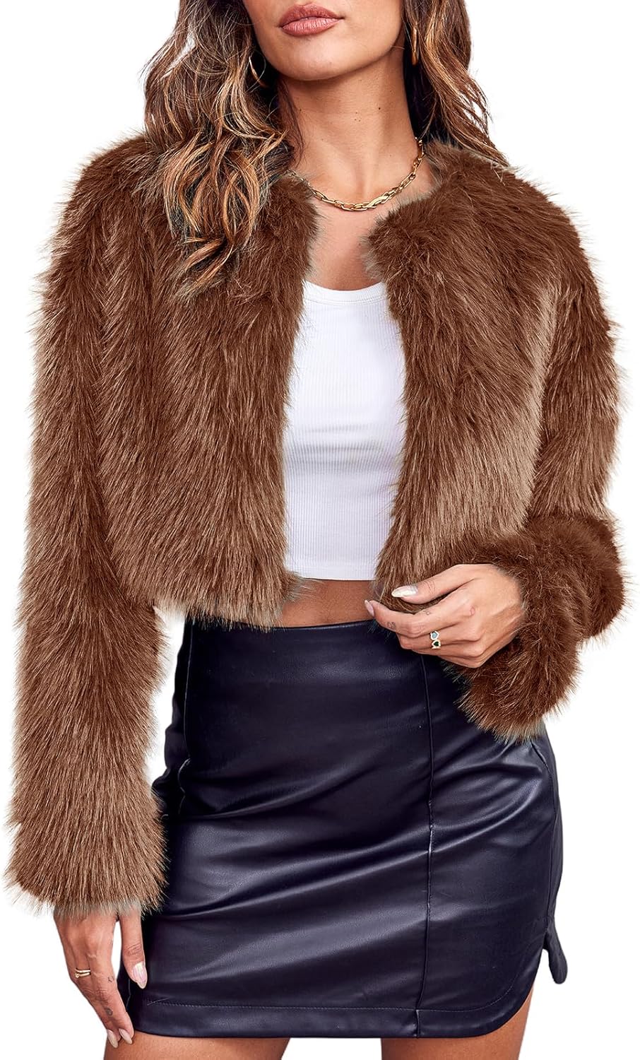 Danedvi Women's Fashion Cropped Faux Fur Jacket Long Sleeve Open Front Cardigan...