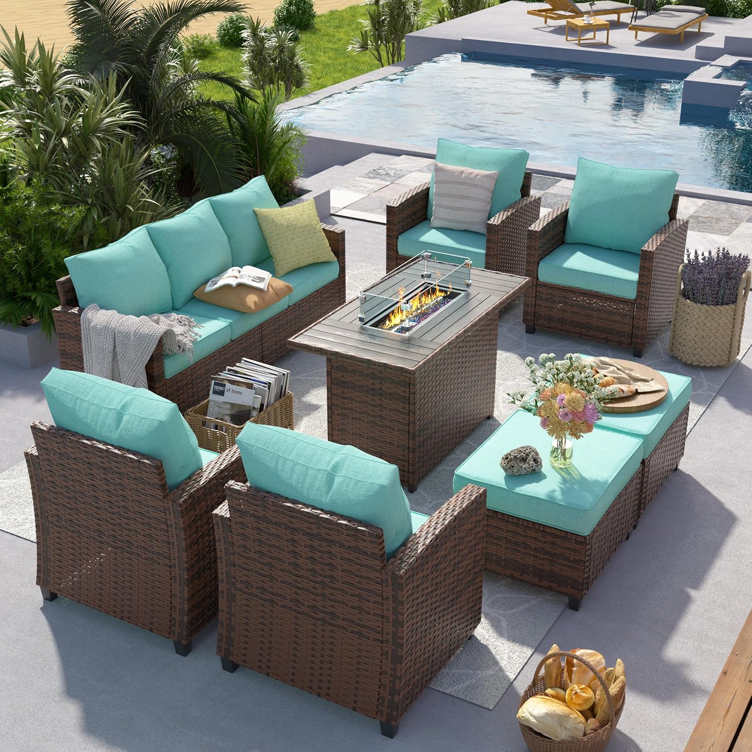 UDPATIO Patio Furniture Set with 44" Fire Pit Table, 8 Pieces Outdoor Sectional...