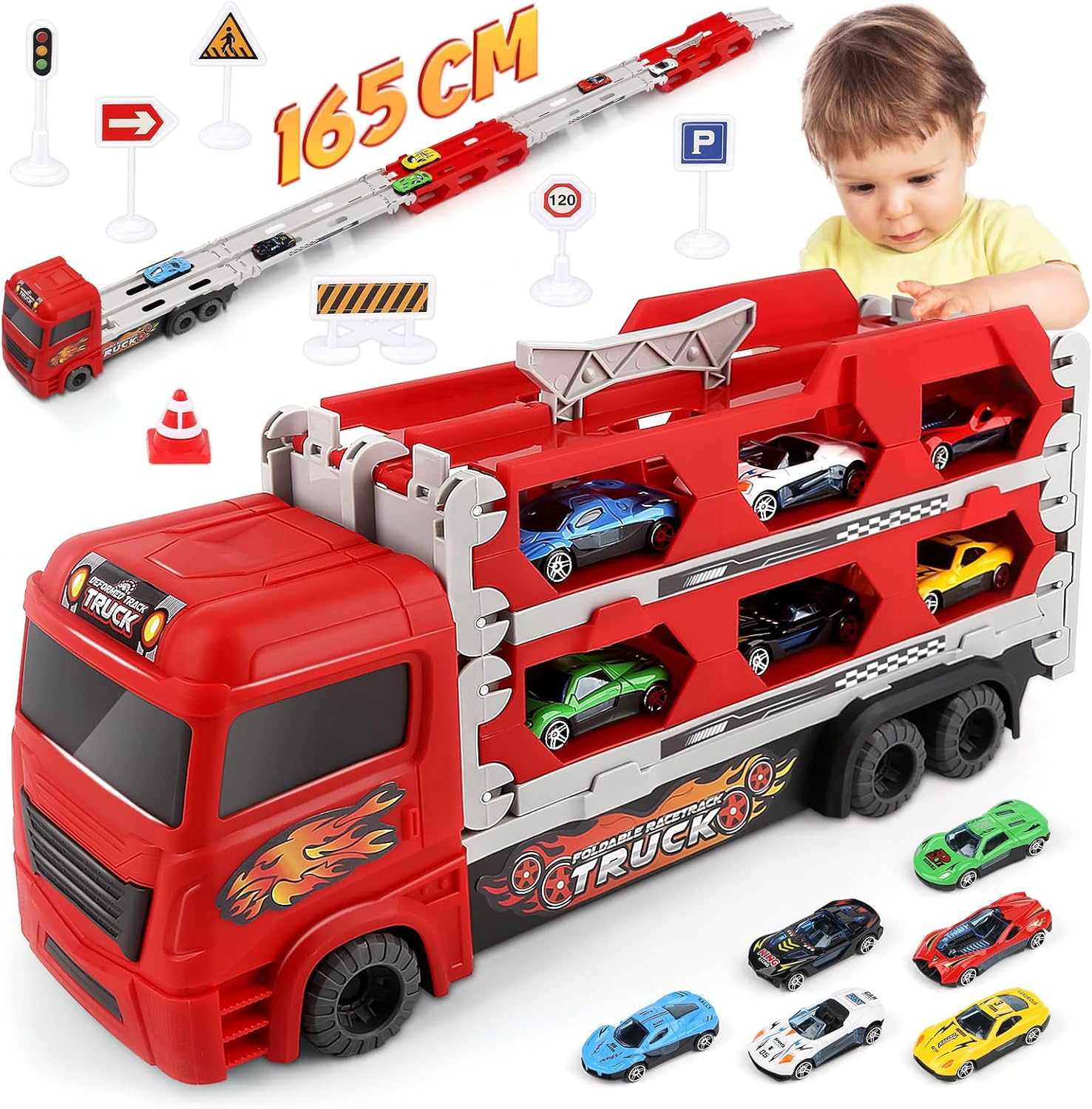 Aoskie Transporter Truck Cars Toys for Boys 3 4 5 6 Years Old, Double-Layer Fold...