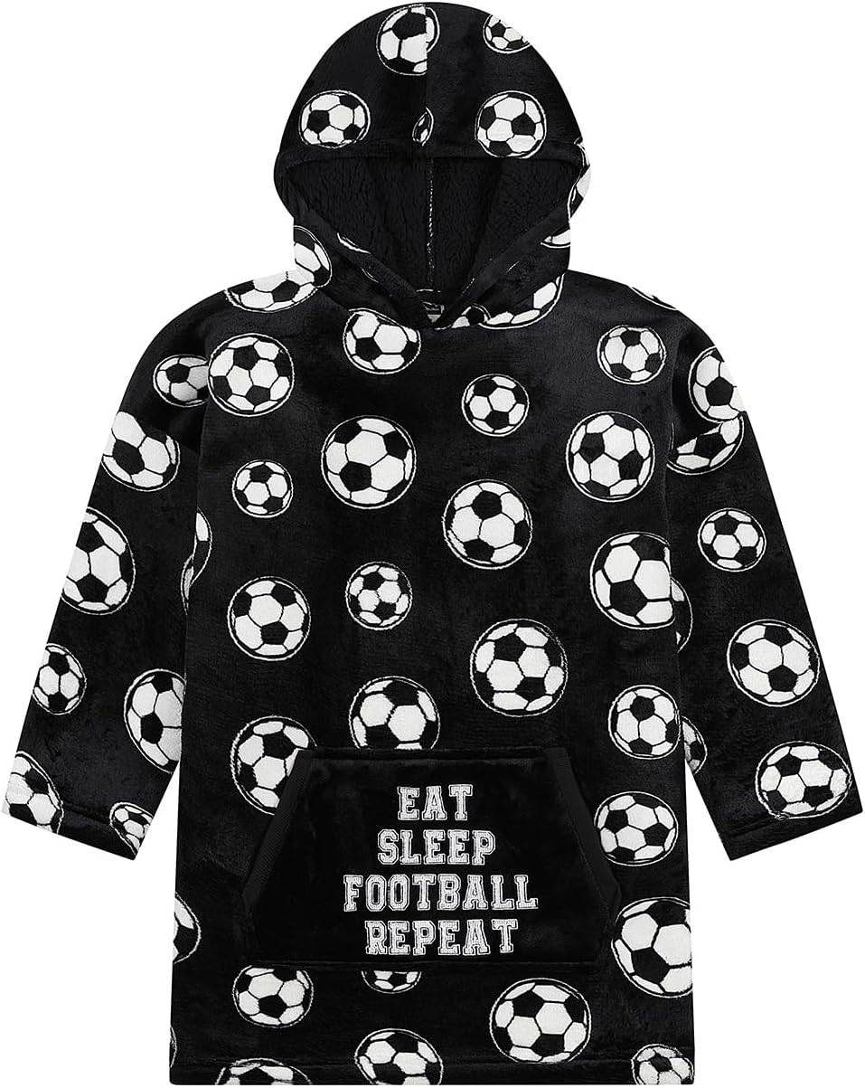 ThePyjamaFactory Boys Eat Sleep Football Black and White Fully Lined Luxury Flee...