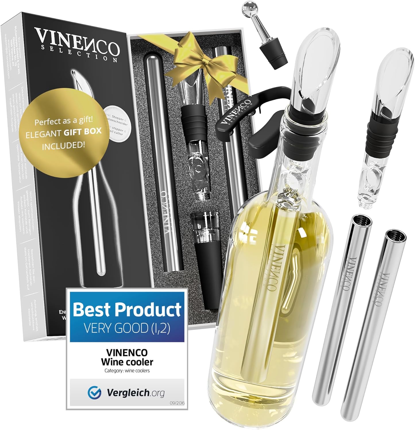 Wine Cooler Stick Set, 3-in-1 Kit: Stainless Steel Bottle Chiller Rod + Decantin...