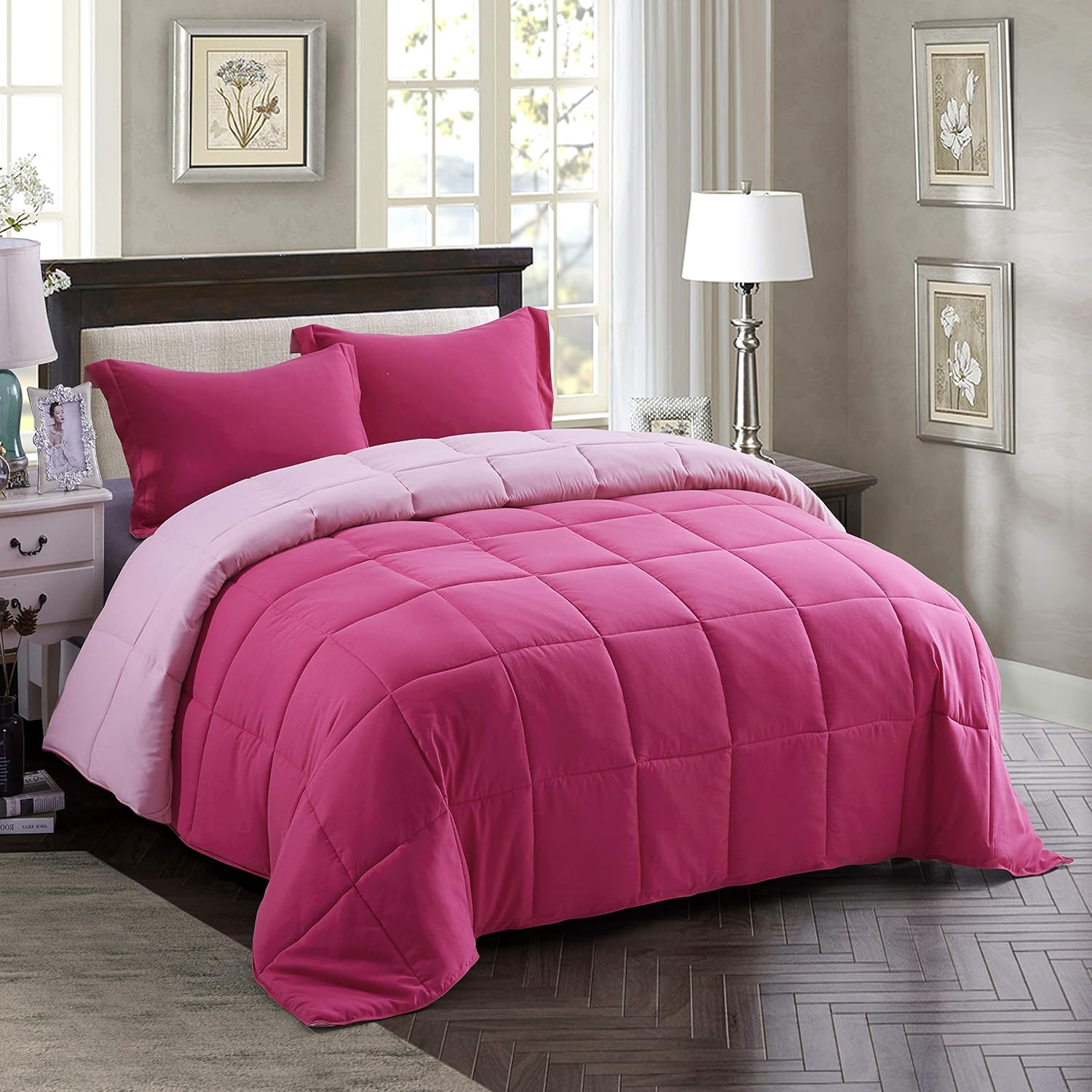 HIG 3pc Pink Queen Size Comforter Set - All Season Reversible Down Alternative C...