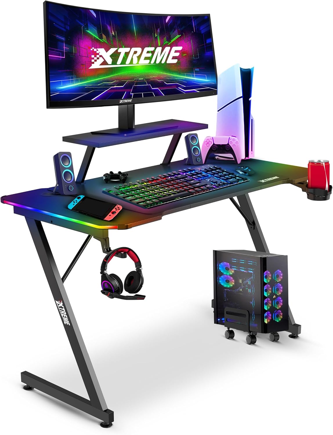 RGB 120 x 60cm Carbon Fibre Effect Gaming Desk with LED Lights Z Frame Compact P...