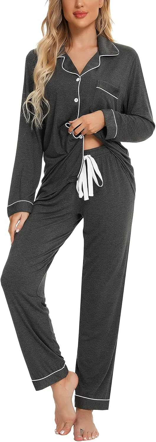 Samring Pajamas Women's Long Sleeve Sleepwear Button Down Pj Sets Soft Loungewea...