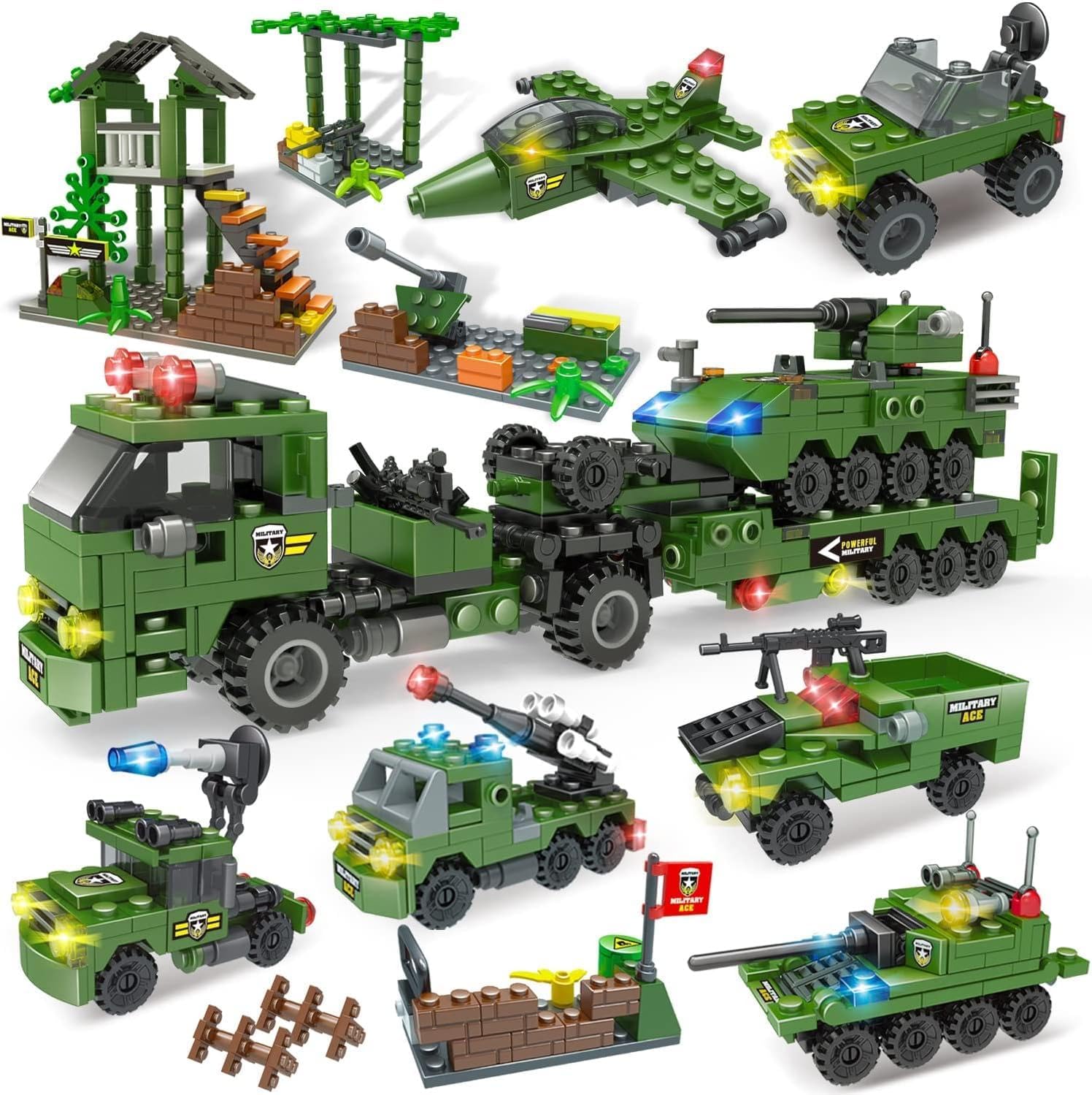 WishaLife City War Military Base Building Set, with Tank Transport Truck, Army V...