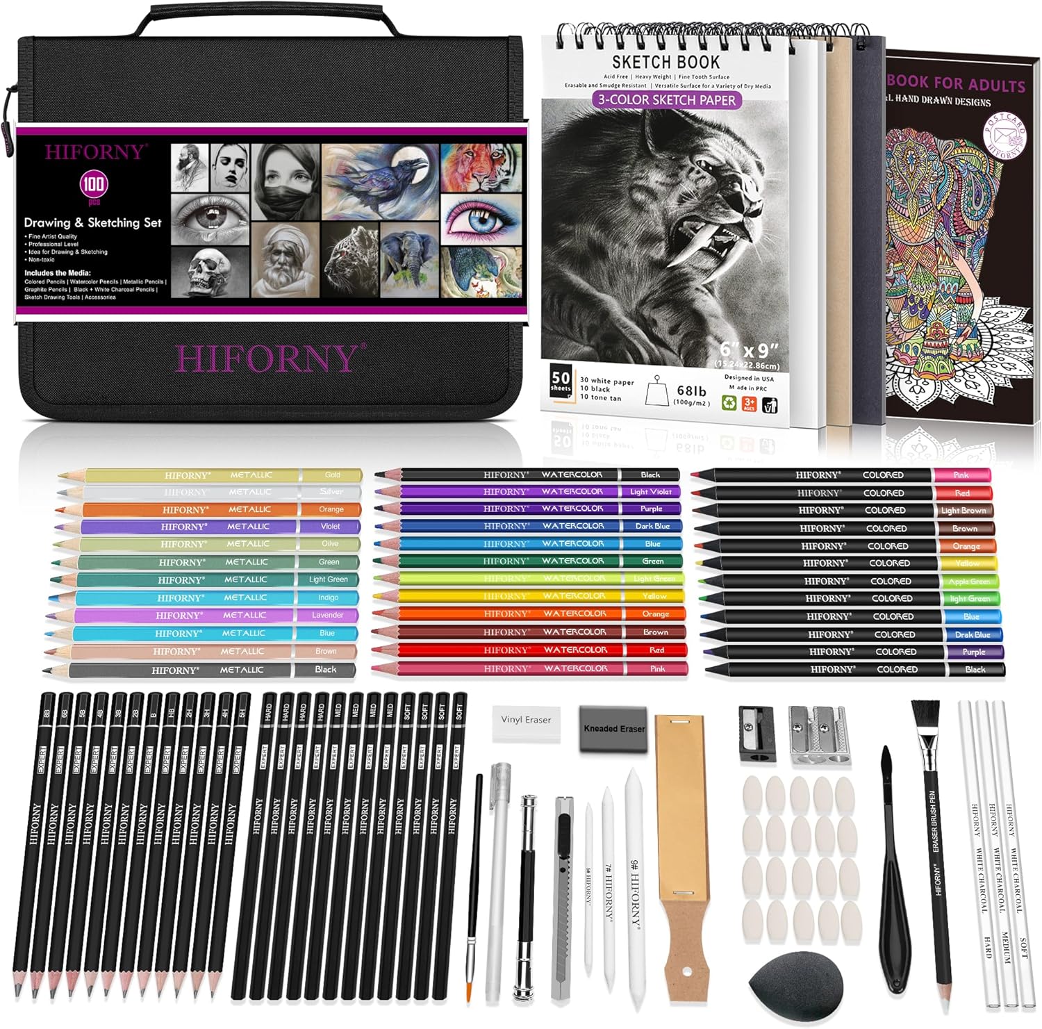 HIFORNY 100 PCS Drawing & Sketching Set, Professional Art Supplies with Graphite...