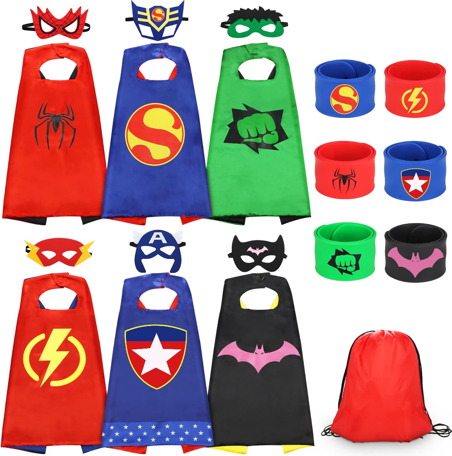 Jojoin 6 PCS Superhero Capes for Kids, 6 Superheroes Wristbands Slap Bands, 6 He...