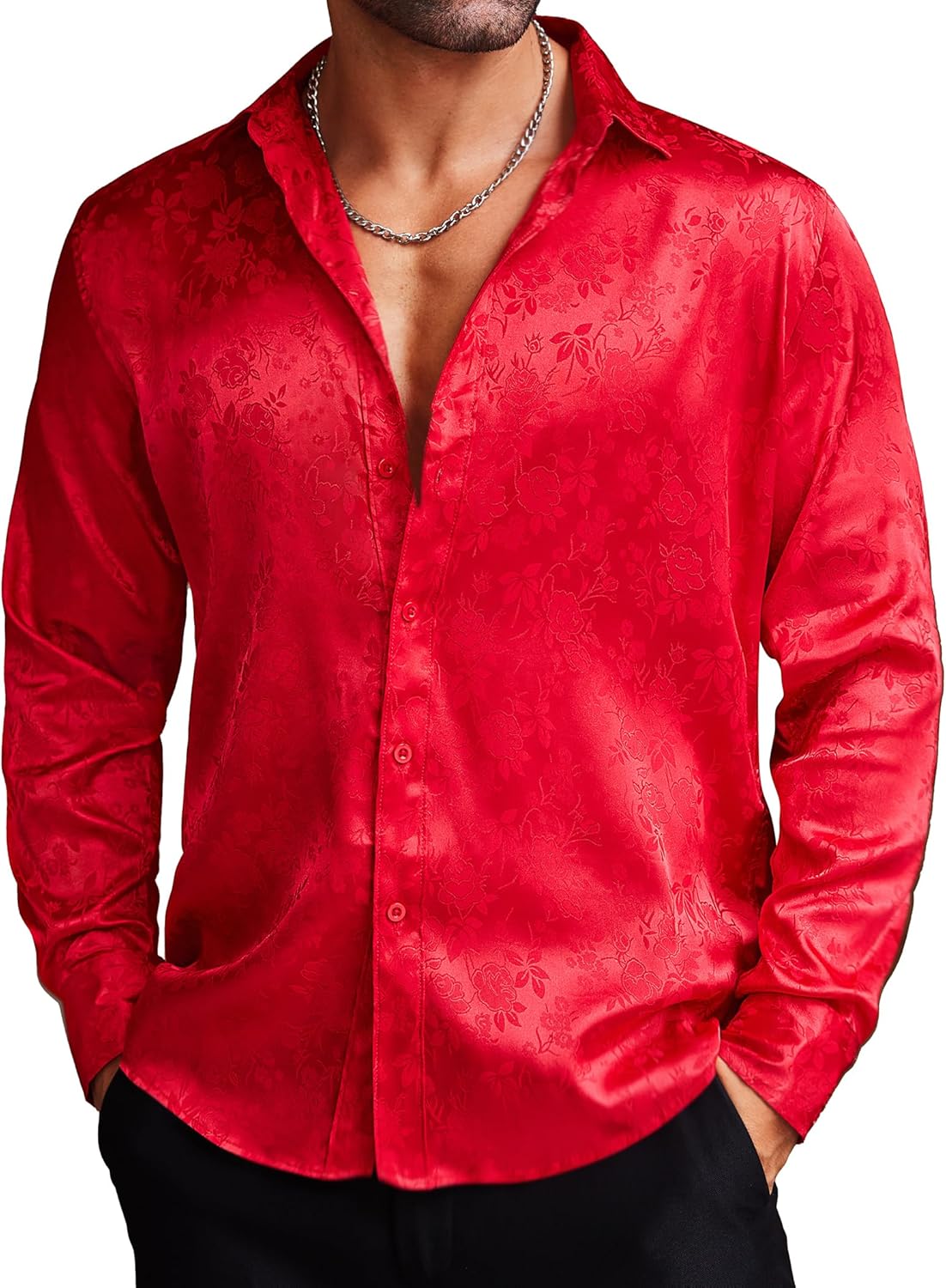 COOFANDY Men's Silk Satin Dress Shirts Jacquard Long Sleeve Floral Button Up Shi...