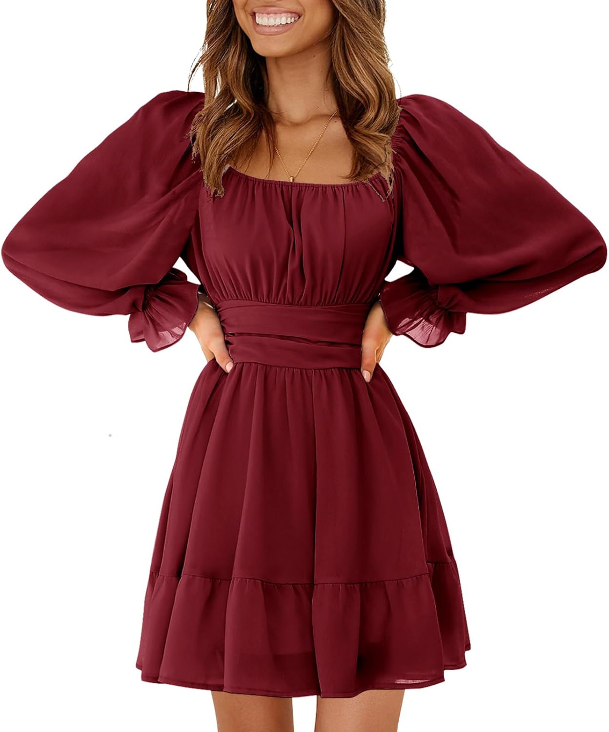 EXLURA Women's 2024 Casual Long Lantern Sleeve Dresses Square Neck Ruffle Tie Ba...