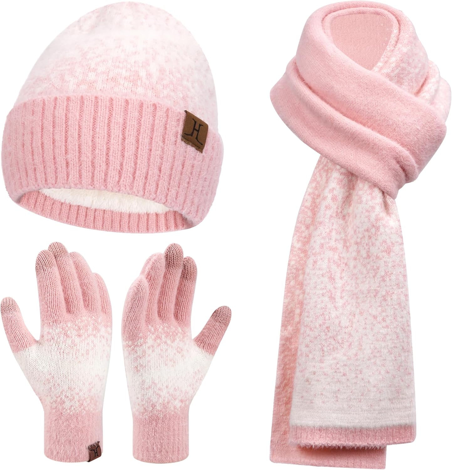 Womens Winter Knit Beanie Hats and Touchscreen Gloves Long Scarf Set with Warm F...