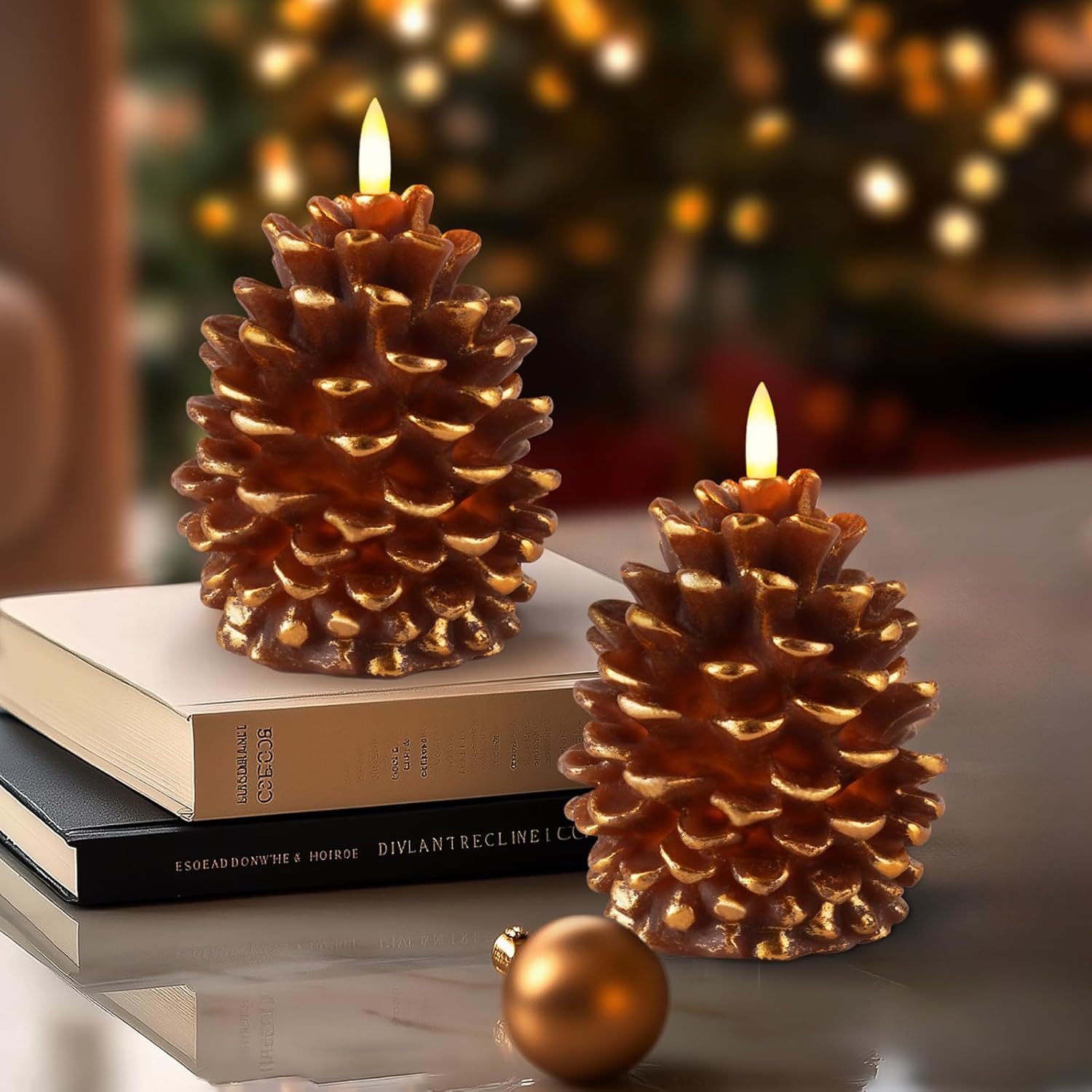 Homemory 2 Pcs Flameless Pine Cone Candles, LED Candles with 6H Timer, Real Wax...