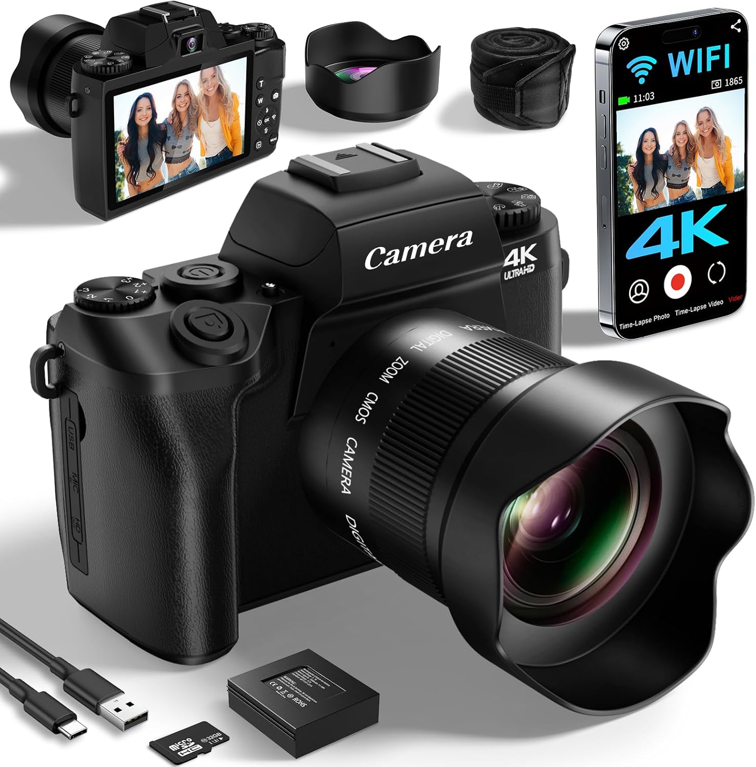 Saneen Digital Camera, 4k Cameras for Photography, 64MP WiFi Touch Screen Vloggi...