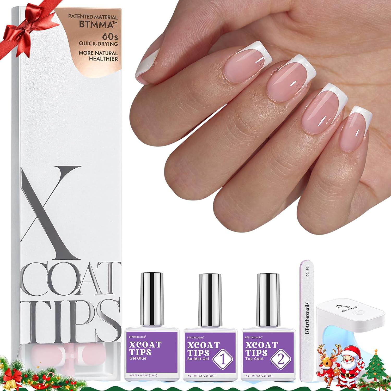 BTArtboxnails XCOATTIPS Gel Nail Kit - Short Squre French Tip Press on Nails Kit...