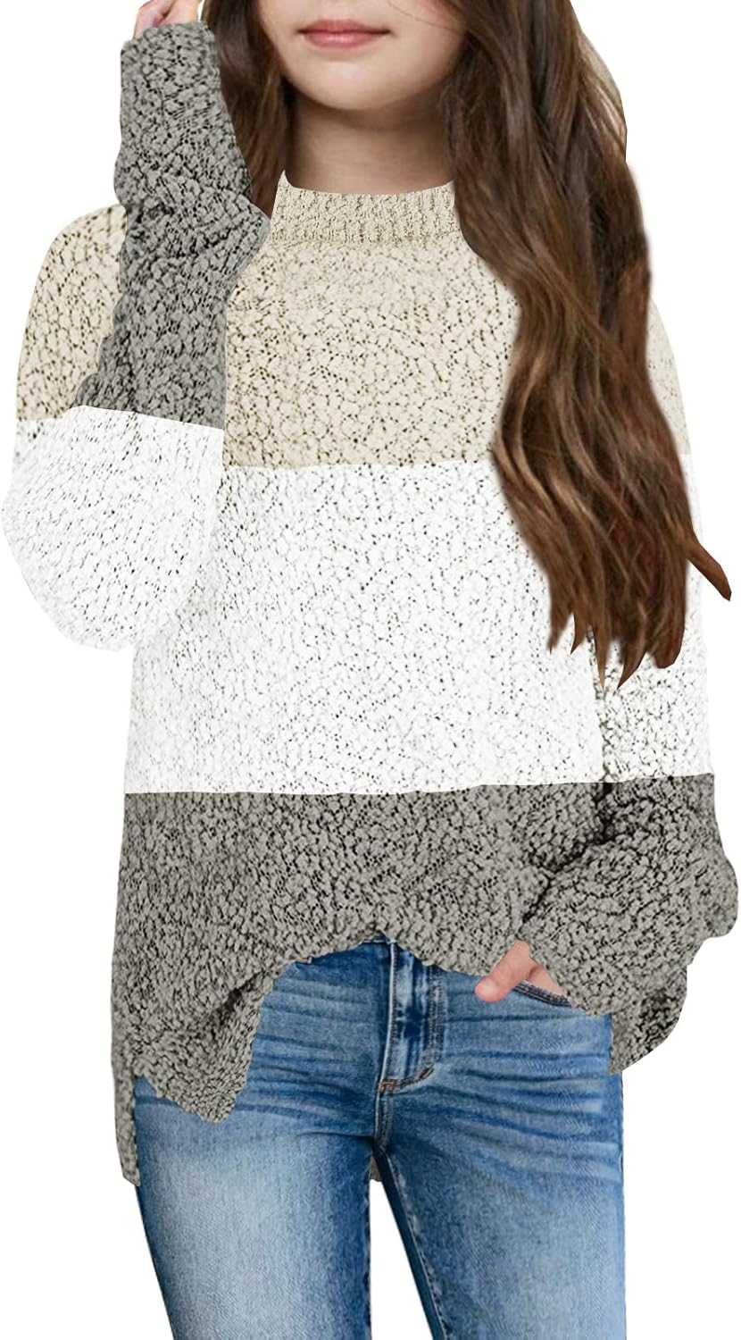 GAMISOTE Girl's Fuzzy Warm Sweater Crew Neck Chunky Side Slit Jumper Pullover Ou...