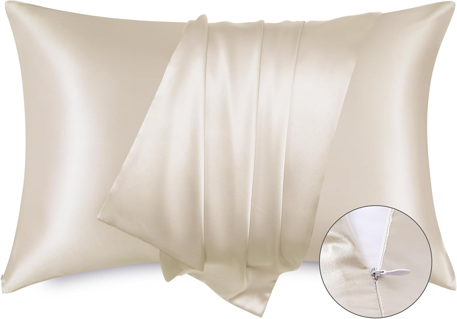 Bedsure Satin Pillowcase for Hair and Skin - Beige Zipper Pillow Cases Queen Siz...