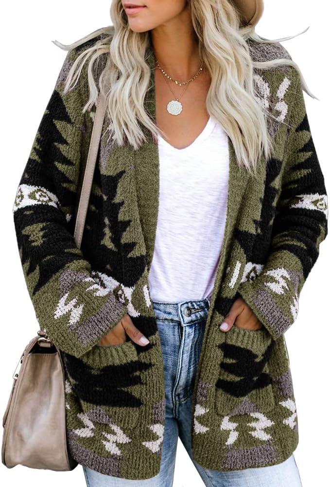 FERBIA Women Boho Cardigan Aztec Open Front Loose Slouchy Sweaters Tribal Long S...