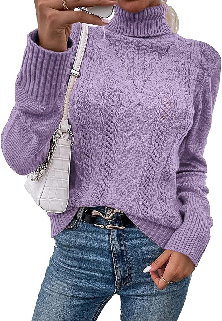 Hongqizo Women Casual Turtleneck Long Sleeve Sweater Cable Knit Pullover Solid S...