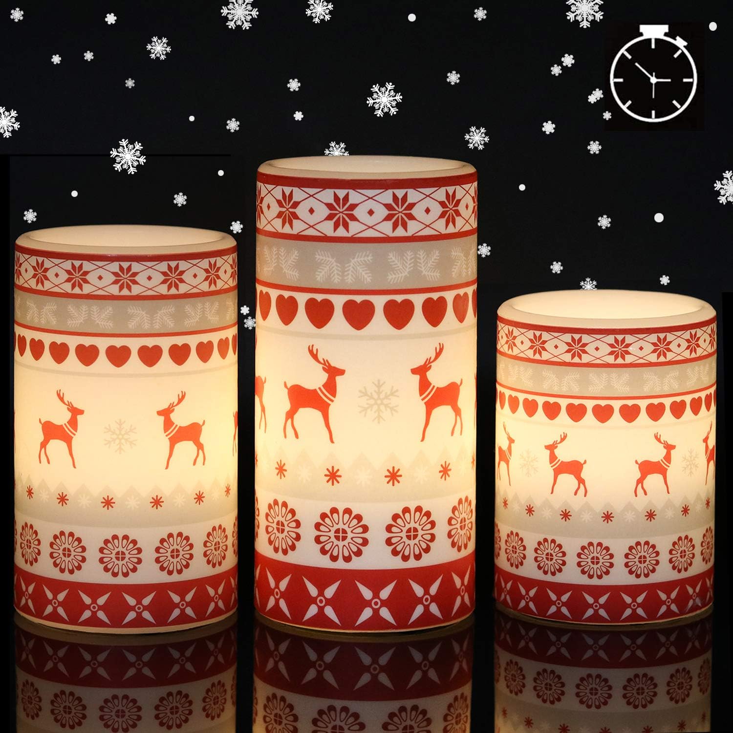 Eldnacele Flameless Red Deer Winter Candles Flickering with Timer, Battery Opera...