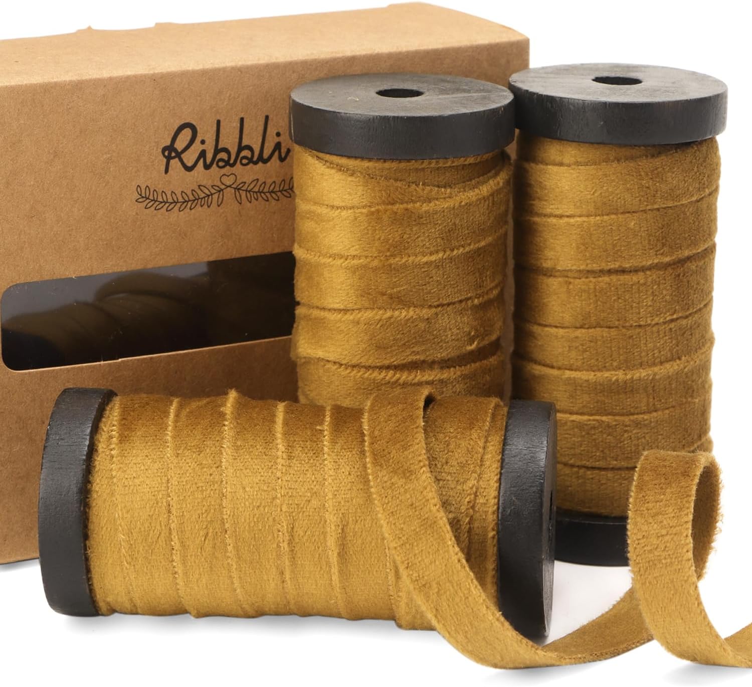 Ribbli Antique Gold Velvet Ribbon 3 Rolls Double Faced 3/8 Inch 18-Yard with Woo...