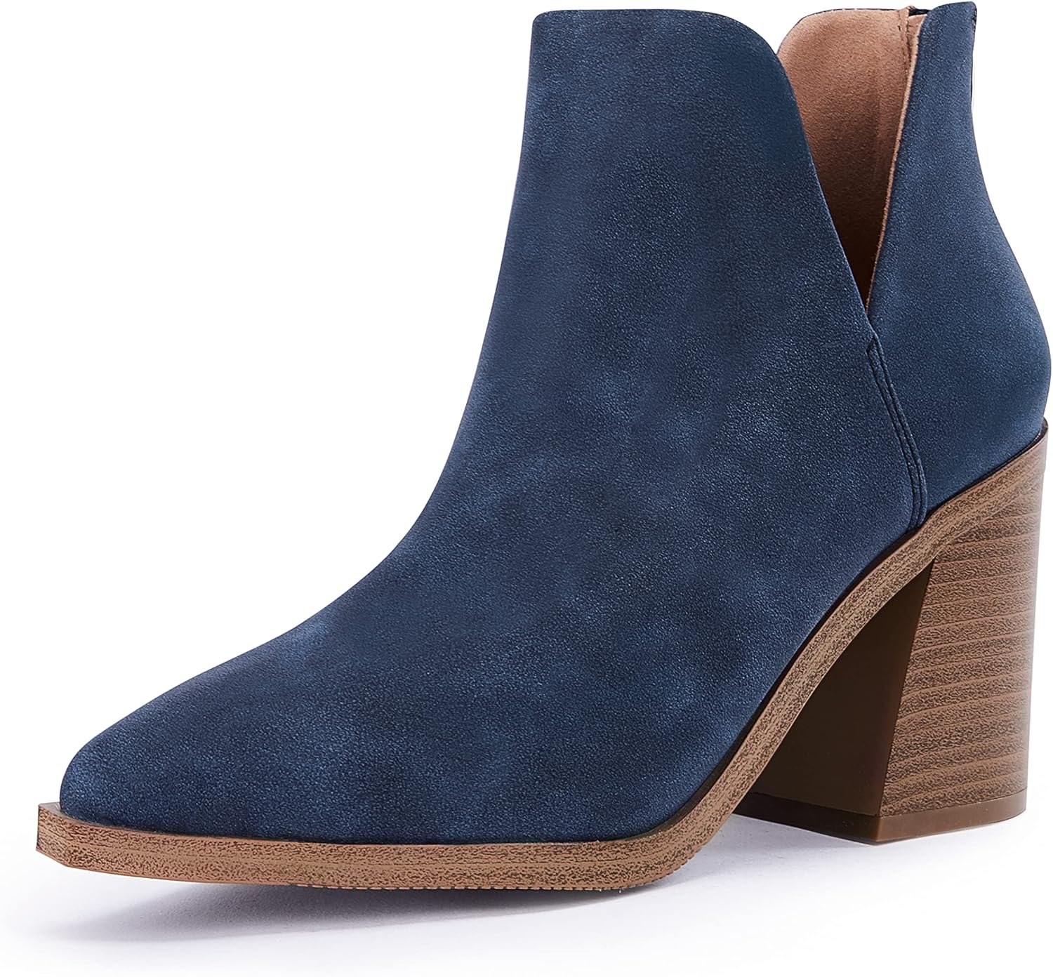 FISACE Womens Pointed Toe Stacked Mid Heel Ankle Boots V Cut Back Zipper Faux Le...