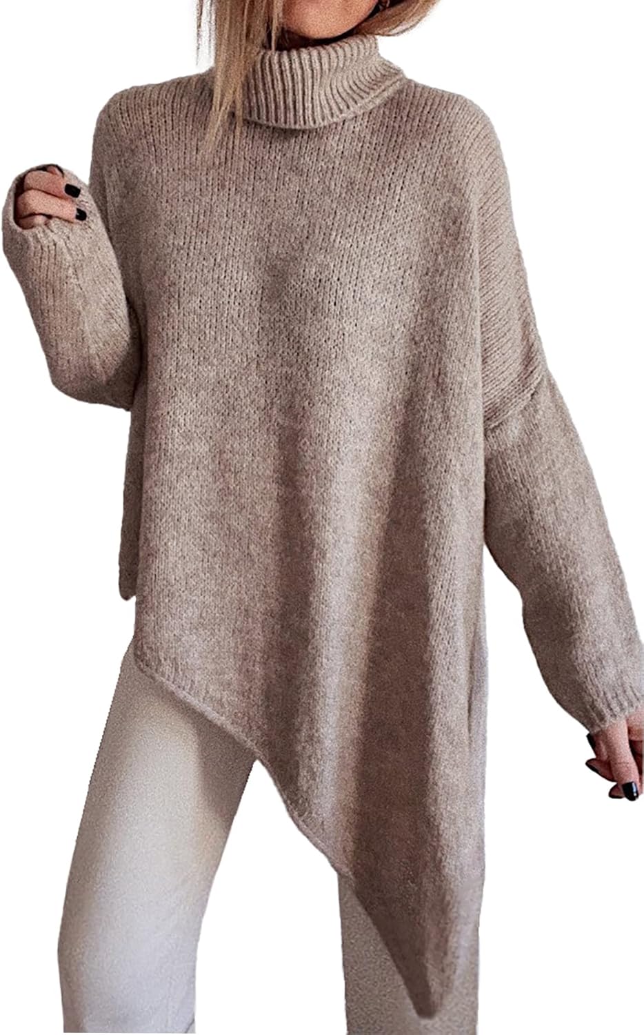 BTFBM Women Long Sleeve Turtleneck Knit Sweater Asymmetric Hem Oversized Fall Wi...