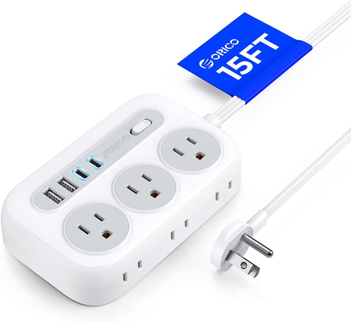 Flat Extension Cord 15 ft, Power Strip Long Cord with 4 USB Ports (2 USB C), Lon...