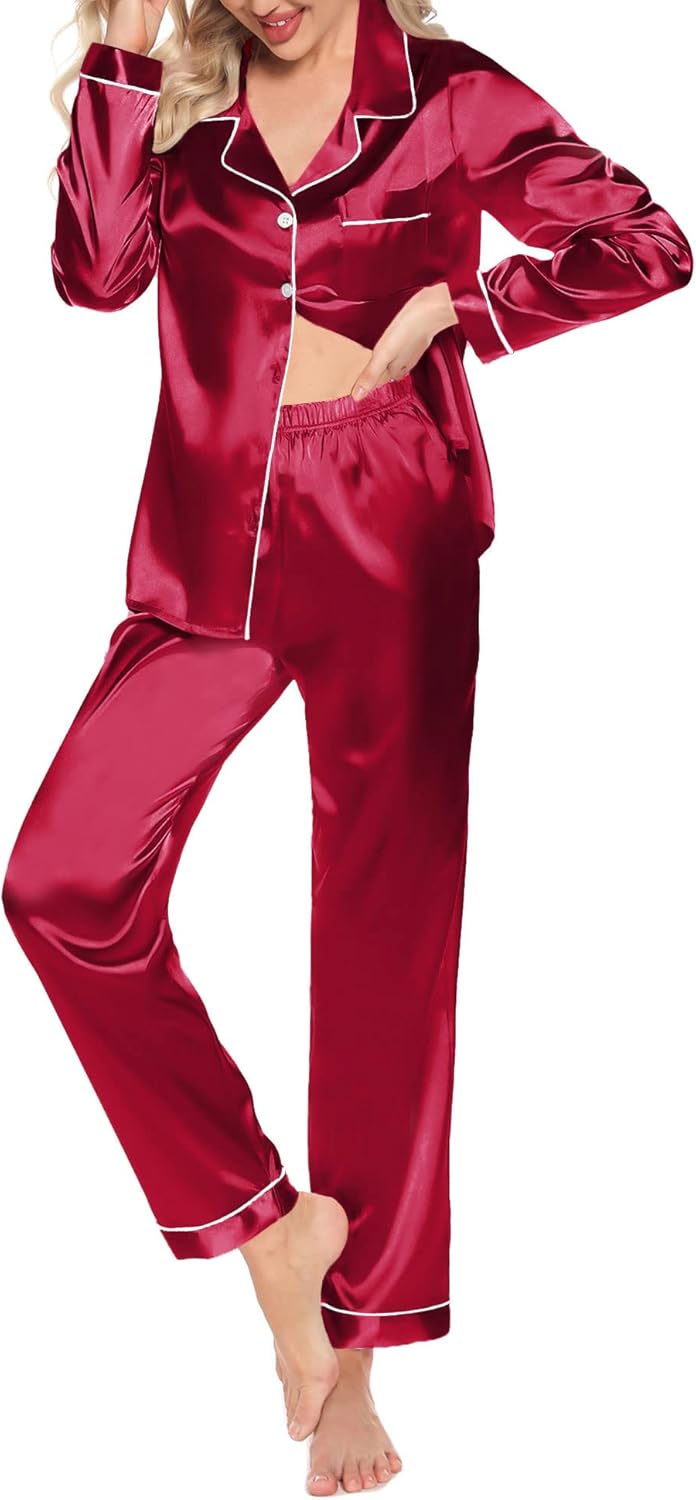 Samring Women's Silk Satin Pajamas Set Long Sleeve Sleepwear Two Piece Button Do...