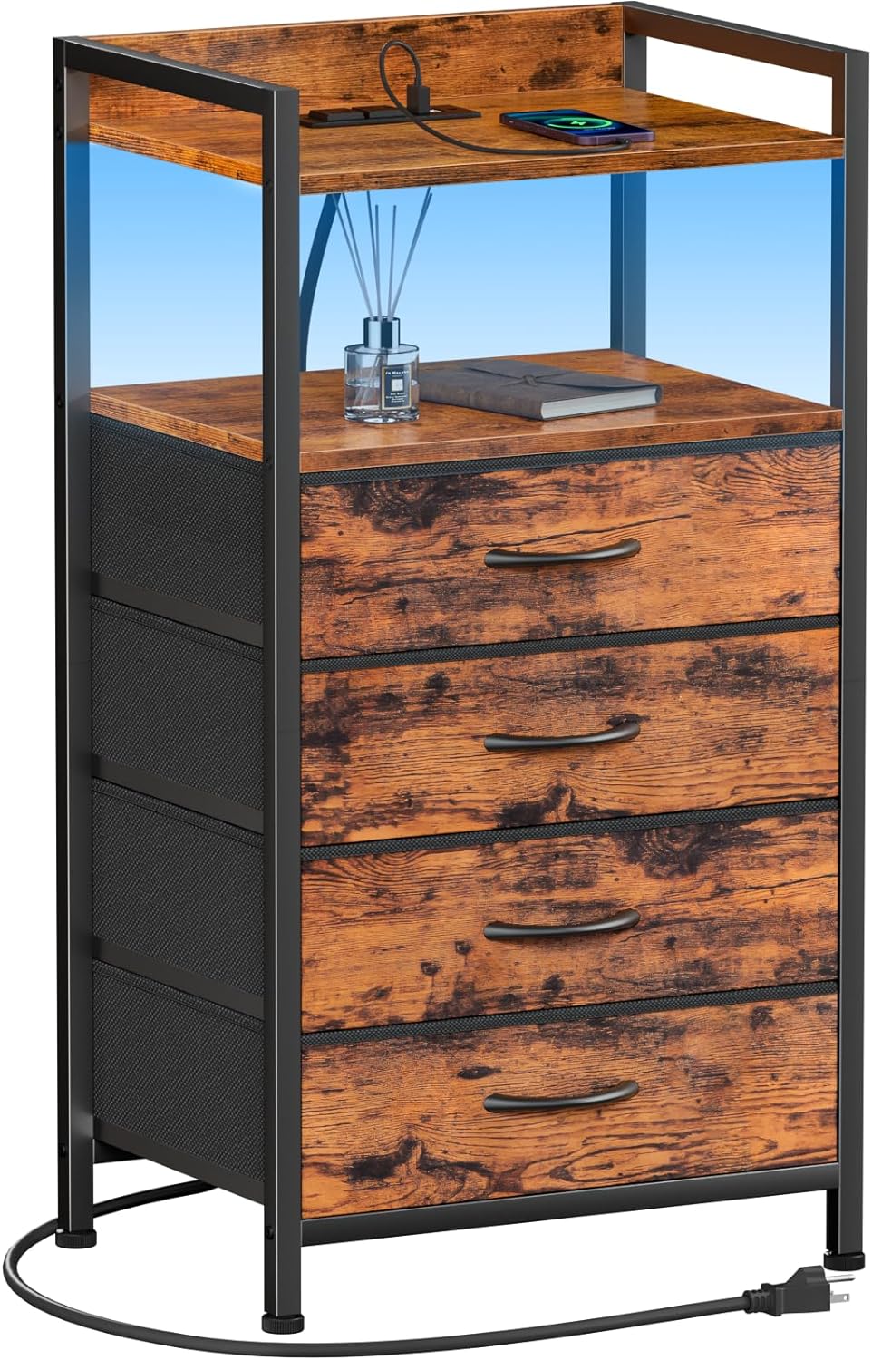 Furnulem Night Stand with Charging Station and Led Light, 4 Drawer Dresser for B...