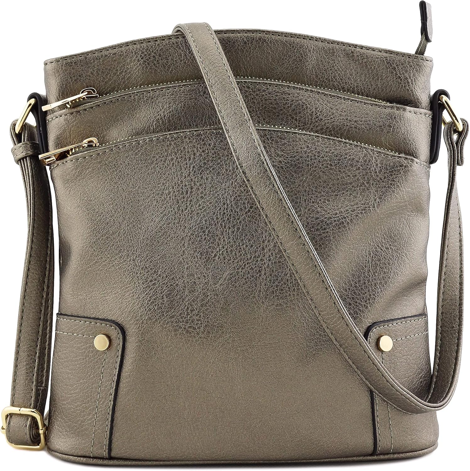 ALYSSA Triple Zip Pocket Large Crossbody Bag Pewter (Metallic)