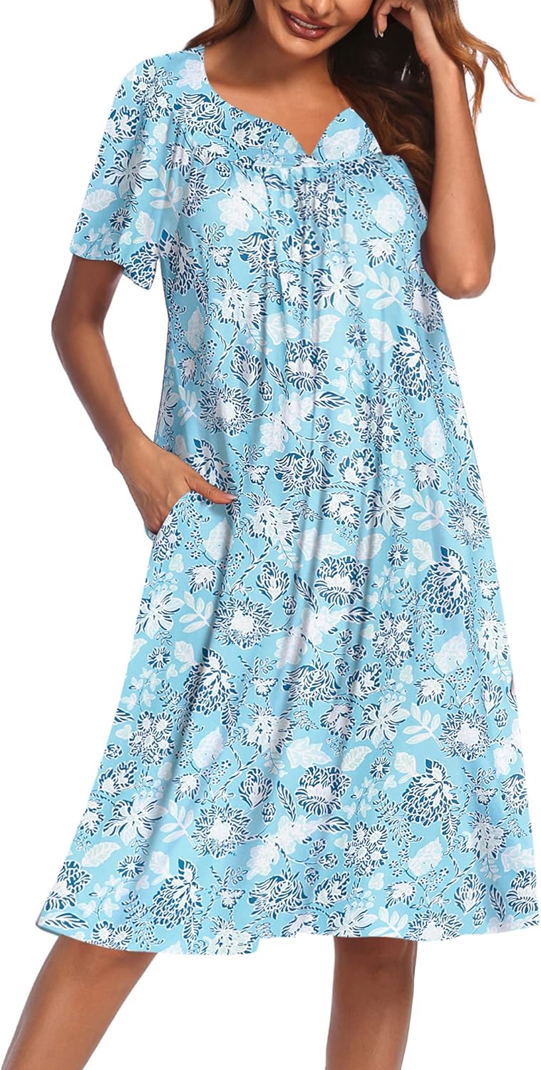 Ekouaer Women's House Dress with Pockets Turquoise Floral Large
