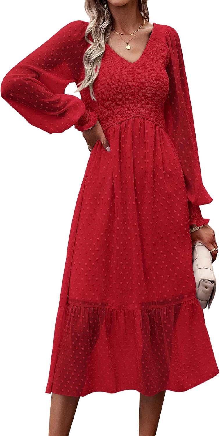 PRETTYGARDEN Women's Fall Dresses 2024 Long Sleeve V Neck Swiss Dot Empire Waist...