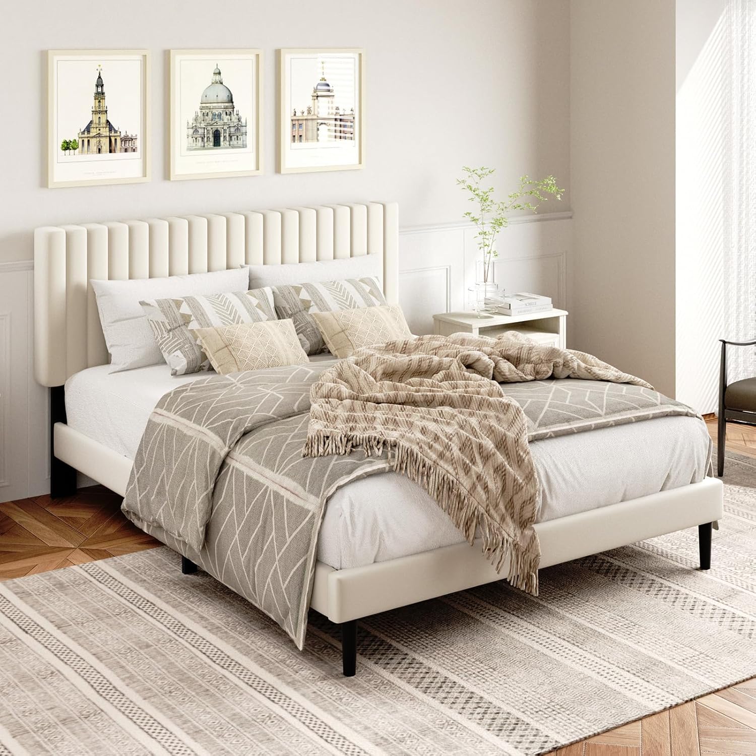 Queen Size Platform Bed Frame with Velvet Upholstered Headboard, Queen Bed Frame...