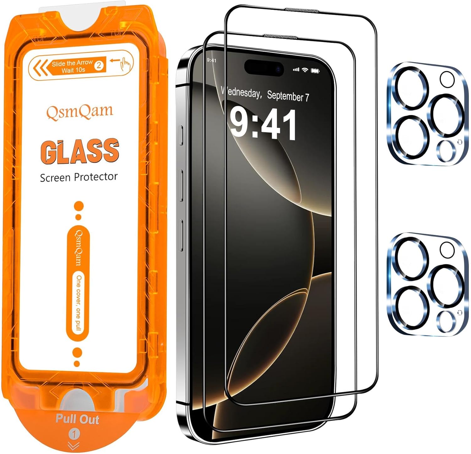 QsmQam for iPhone 16 Pro Screen Protector + Camera Lens Protector, [Military Gra...