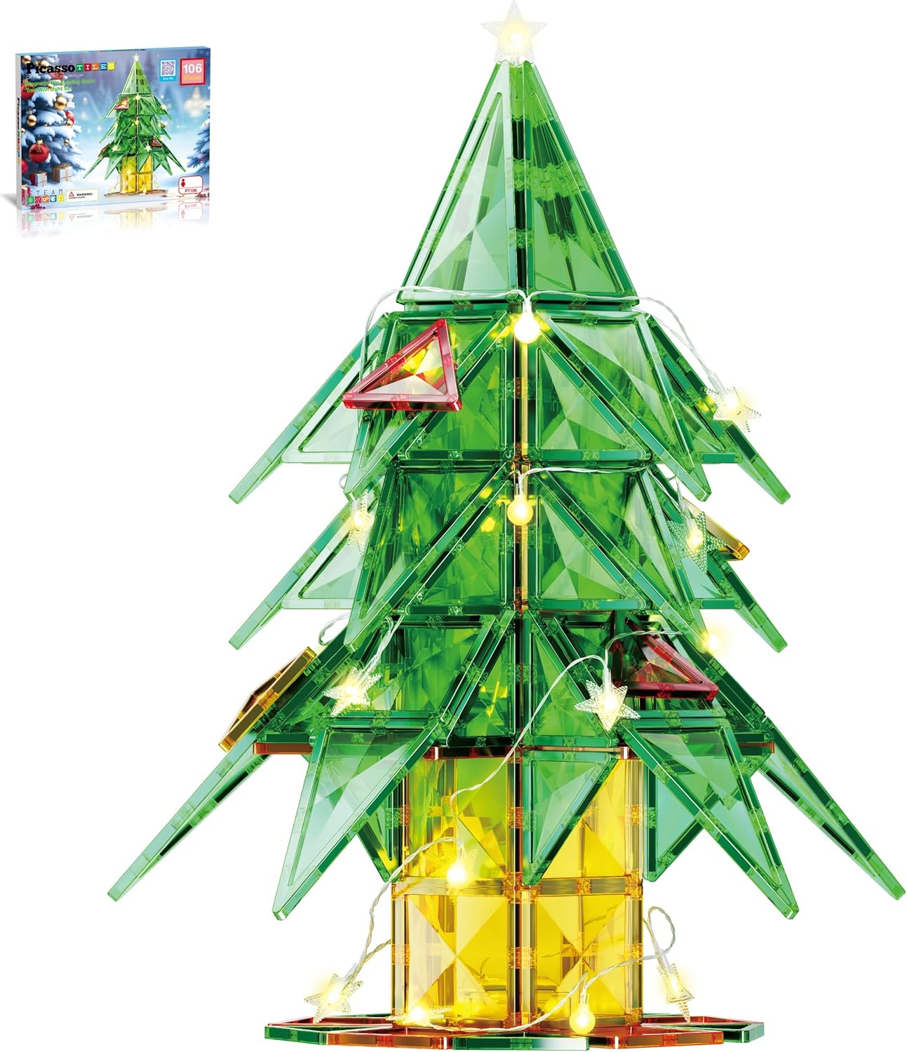 PicassoTiles 106 Piece Magnetic Tiles Light Up LED Christmas Tree Holiday Theme...