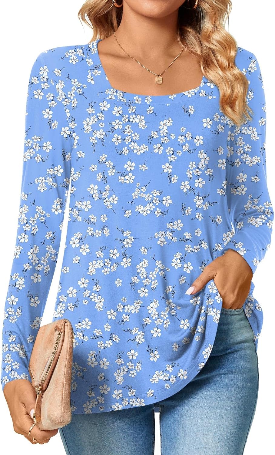 TAOHUADAO Womens 2024 Summer Casual T-Shirts Square Neck Petal Short Sleeve Tuni...