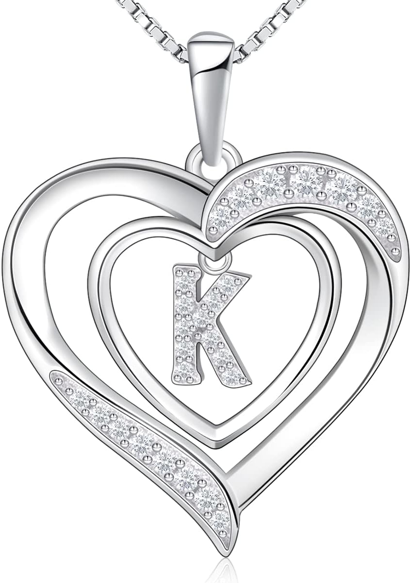 RIVIKO Heart Initial Necklace for Women, 925 Sterling Silver Dainty Letter Penda...