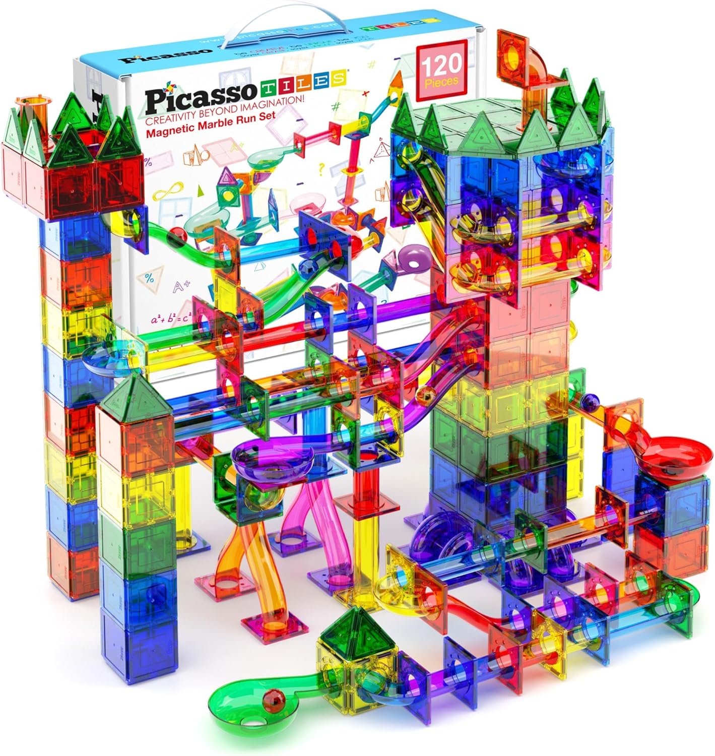 PicassoTiles Marble Run 120 Piece Magnetic Building Blocks Magnet Tile Construct...